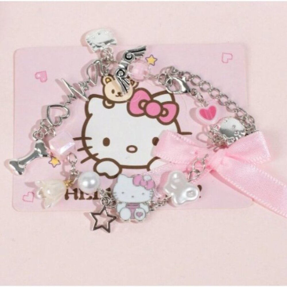 HELLO KITTY Pink, Pearl & Pink Bow Charm Bracelet (BRAND-NEW & SO CUTE!) - Picture 2 of 4